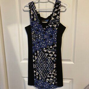 #145 NWOT BCBG Maxazria Black, Blue, Cream Sleeveless Dress, Size Medium